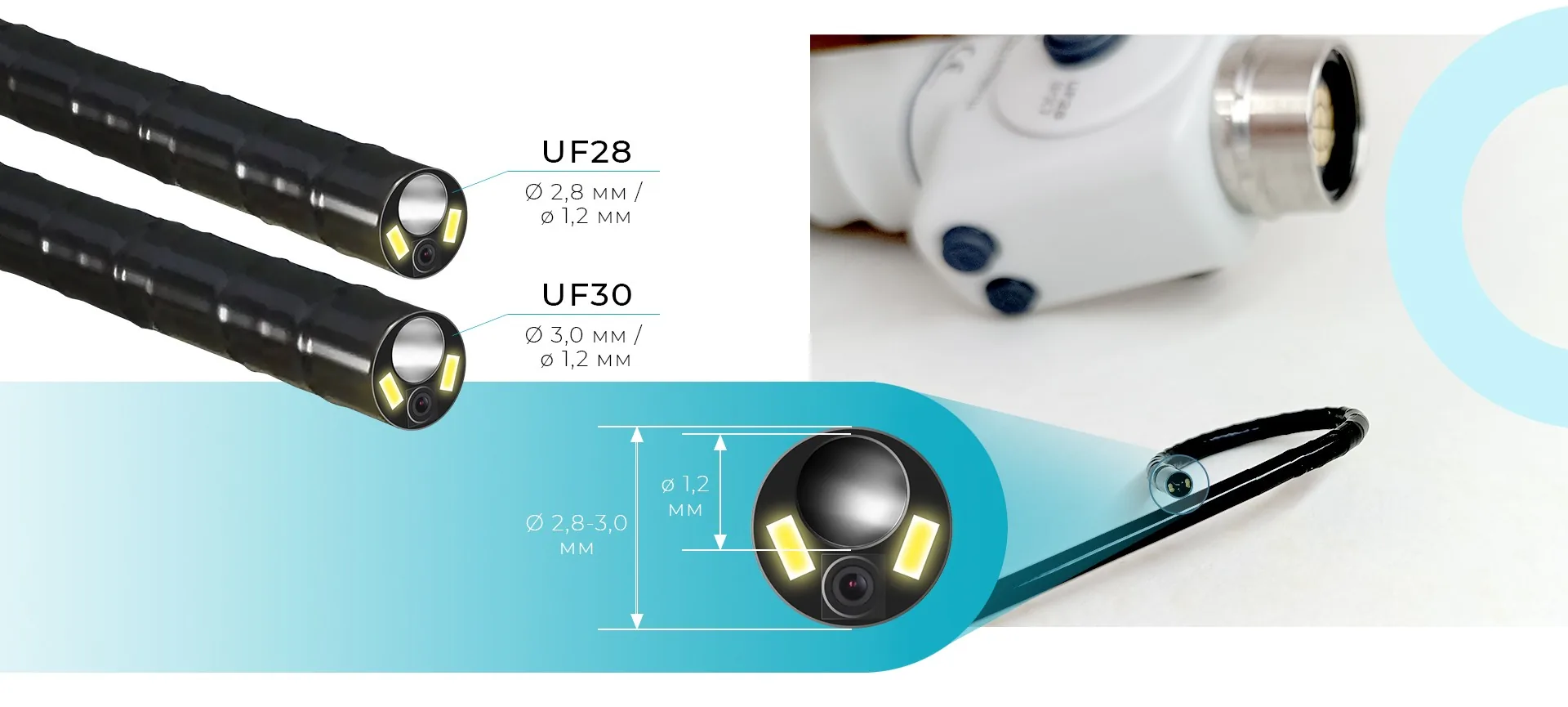 Видеоуретерореноскоп Mindsion: UF28 Ø 2,8 мм, UF30 Ø 3,0 мм, рабочий канал Ø 1,2 мм